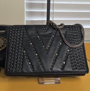 MCM Black Leather Crossbody w/ Swarovski Crystals | Chain Strap | Red Interior